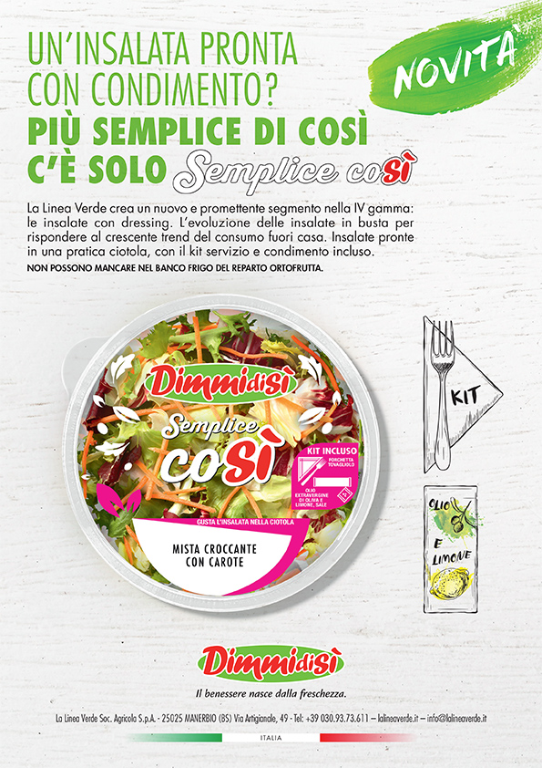 Scopri di più sull'articolo Con SEMPLICE COSÌ DimmidiSì apre un nuovo segmento del mercato di IV gamma: le insalate con dressing ideali per il consumo fuori casa